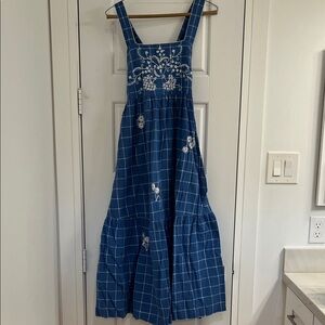 Madewell Blue and White Embroidered Apron Dress
